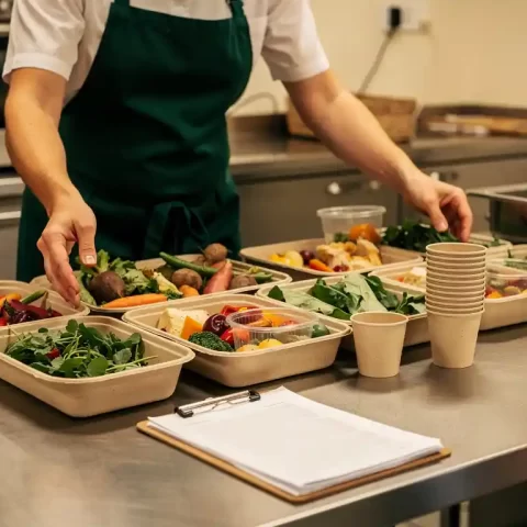 Cateringprofessional schikt duurzame maaltijd met lokale groenten en composteerbare verpakkingen op roestvrijstalen werktafel.
