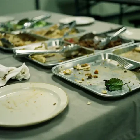 Half-opgegeten cateringlunch op kantinетаfel met leeg bord, verfrommeld servet en verwelkte garnering op serveerschaal.