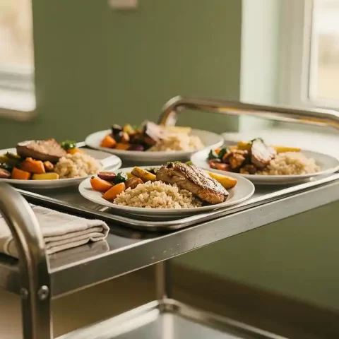 Warme maaltijden op een institutionele etenswagen in een zorginstelling, zacht natuurlijk licht en gevouwen linnen servet.