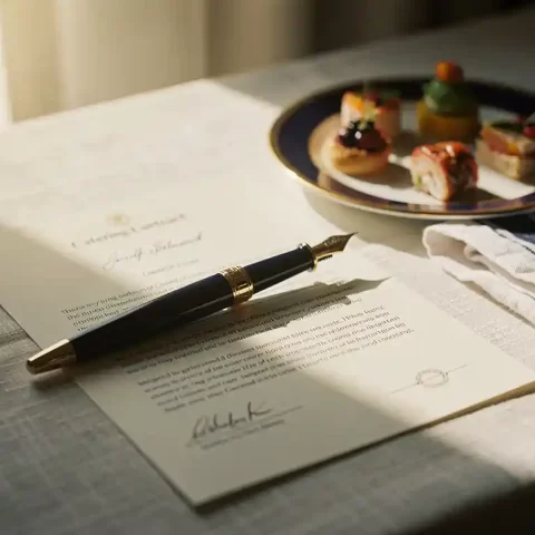 Vulpen liggend op een ongetekend cateringcontract, met een proefbordje en gevouwen servet in warm natuurlijk zijlicht.