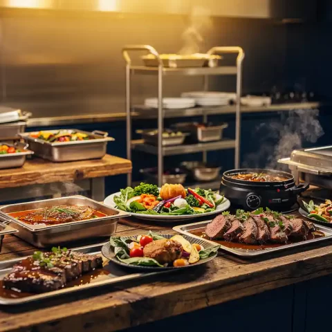Diverse cateringschalen en serveergerei op rustieke houten tafels in een professionele keuken, met stoom en een mobiele keukenwagen op de achtergrond.