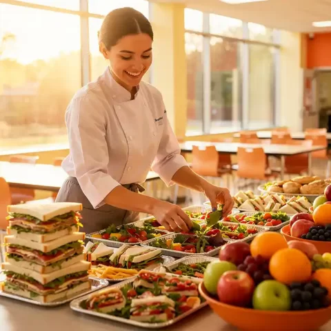 Cateringmedewerker schikt kleurrijke lunchbladen op een schoolkantinebalie met verse fruitschalen en broodjes op de voorgrond.