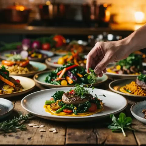 Chef die garnering aanpast op kleurrijke seizoensgerechten met groenten, granen en eiwitten op rustieke houten tafel.