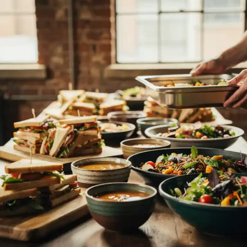 Dampende lunchspread met sandwiches, soepkommen en salades op een lange werktafel, cateraar zet schaal neer in industriële ruimte met natuurlijk licht.