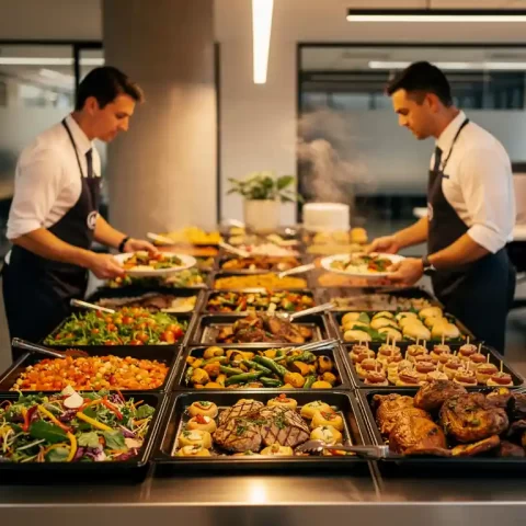 Cateringteam dat een verzorgd lunchbuffet opstelt in een modern kantoor, met gevulde serveerschalen en dampende gerechten.