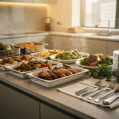 Warme cateringgerechten in elegante serveerschalen op een modern kantoor keukenblad, met gestapelde porseleinen borden en bestek.