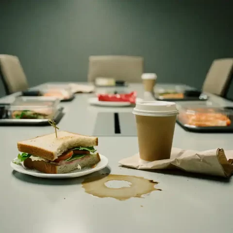 Onaangeroerde zakenlunch op vergadertafel met verwelkte sandwich, lauw koffiekopje en verfrommeld servet in grauw kantoorlicht.