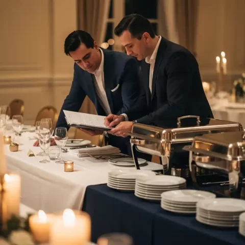 Venue manager en cateraar bekijken handgeschreven ledger aan gedekte banquettafel met kaarslicht, kristal en zilveren serveerschalen.