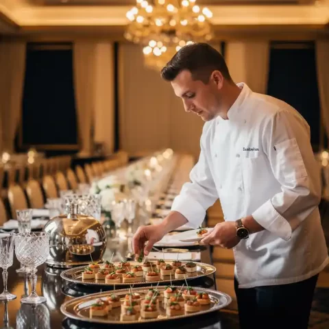 Cateringprofessional in witte koksbuis schikt elegante hapjes op een gepolijste banquettafel in een verlichte feestzaal.