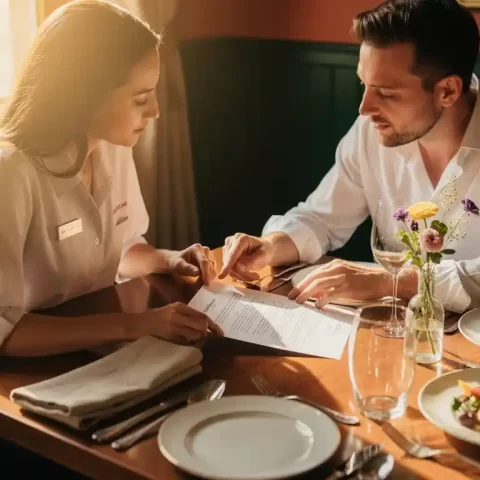 Cateringmanager en klant ondertekenen contract aan restauranttafel met seizoensgerechten en bloemen in warm gouden licht.