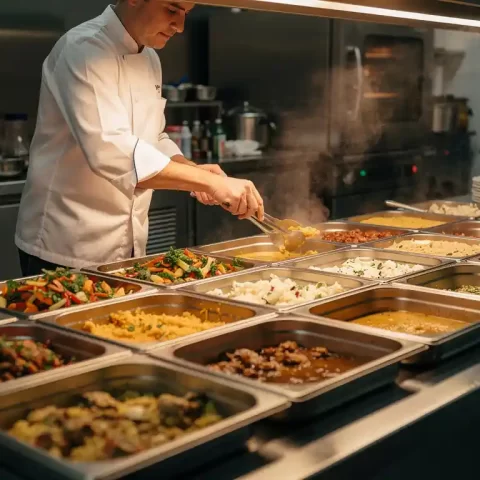Chef portionneert dampend eten uit roestvrijstalen bakken op een buffettafel in een professionele cateringkeuken.