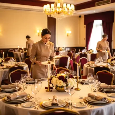 Cateringteam arrangeert borden en bestek op wit gedekte ronde tafels met bloemstukken in twee feestzalen met gouden sfeerverlichting.