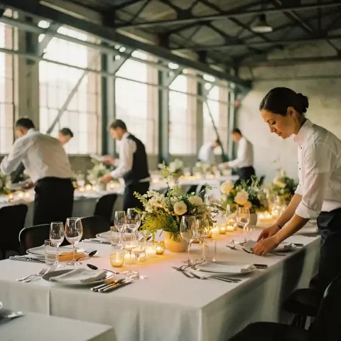 Cateringteam dat een luxe dinertafel opmaakt in industriële feestzaal met stalen balken, witte linnen tafels en kaarsverlichting.