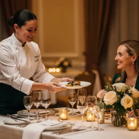 Cateringmedewerker presenteert elegant opgemaakt gerecht aan glimlachende gast bij feestelijk gedekte tafel met kaarslicht en bloemstukken.