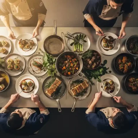 Cateringteam dat tegelijkertijd elegante amuses en maaltijden voor medewerkers opmaakt op een roestvrijstalen werktafel, met stoom en verse garnering.