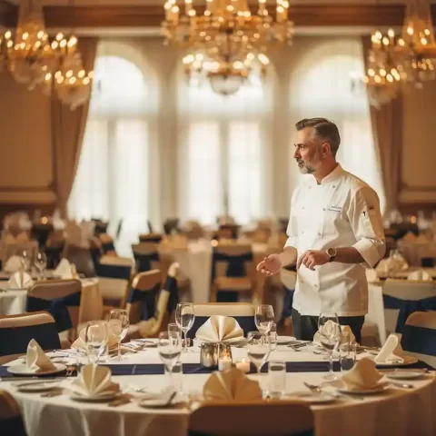 Cateringmanager in wit kokkesjasje inspecteert elegante banketzaal met gepolijst glaswerk, gevouwen linnen en gloeiende amberkleurige kroonluchters.
