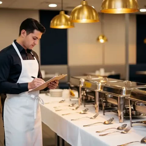 Cateringmanager in schort controleert klembord bij opgemaakte buffetkast met roestvrijstalen warmhoudunits in moderne bedrijfskantine.