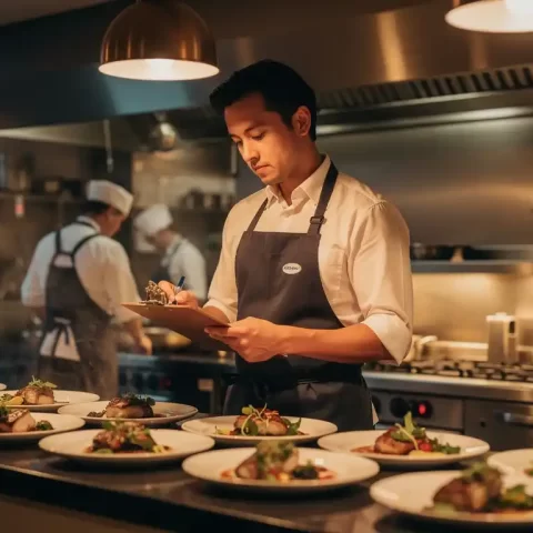 Cateringmanager in professioneel schort controleert klembord bij restaurantdoorgeefluik, verse gerechten op de achtergrond.