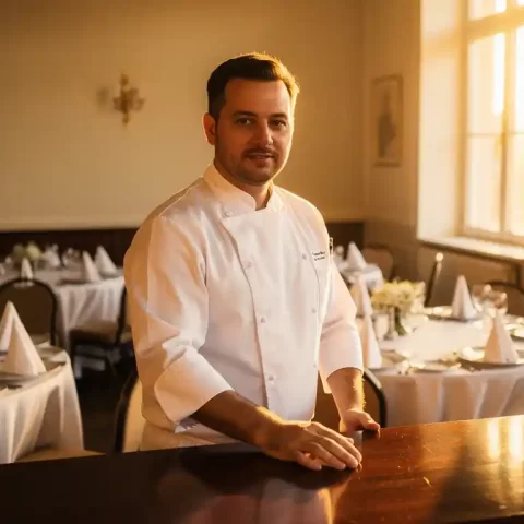 Cateringmanager in witte koksbuis bij een houten bar in een elegante eetzaal met witte linnen tafels en gouden middaglicht.