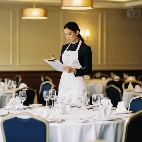 Cateringmanager met schort bekijkt klembord in elegante evenementenruimte met witte linnen tafels en glanzend glaswerk.