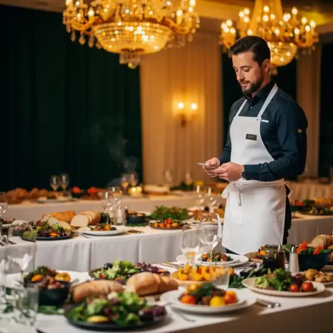 Cateringmanager in schort inspecteert gedekte tafels met gepolijst glaswerk en seizoensgerechten in feestzaal met warm gouden licht.