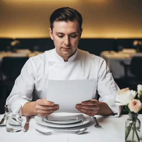 Cateringmanager in wit kokkesjasje bestudeert een offerteDocument aan een gedekte restauranttafel met bloemstuk.