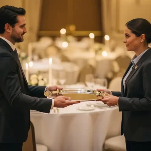 Cateringmanager overhandigt zilveren serveerschaal aan personeelslid in elegante feestzaal met witte linnen tafels en kaarslicht.