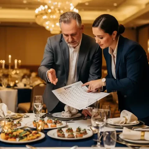Cateringmanager en locatiecoördinator bespreken evenementenplanning aan een gedekte bankettafel met polished glaswerk en elegante hapjes op de voorgrond.