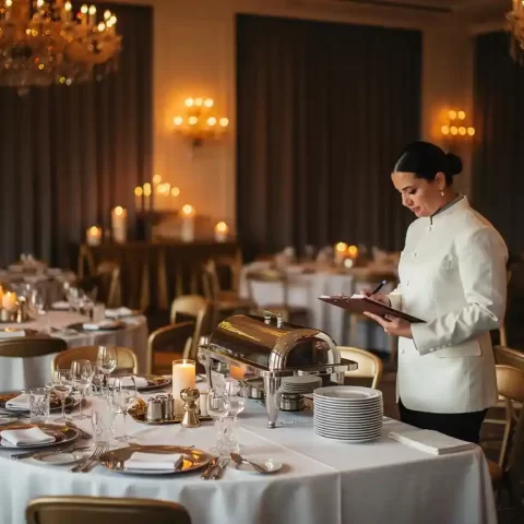 Cateringmanager in wit jasje controleert klembord bij serveertafel in feestzaal met kaarslicht en gedekte bankettafels.