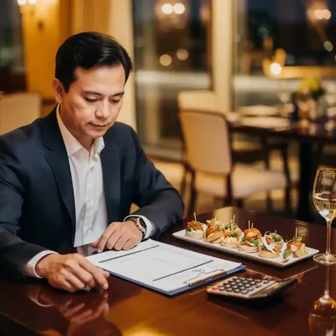 Cateringmanager bekijkt kostenoverzicht naast een elegant gepresenteerd amusébord in een stijlvol evenementenrestaurant.