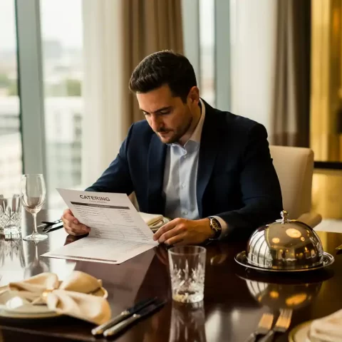 Locatiemanager in blazer bestudeert cateringvoorstel aan vergadertafel met zilveren cloche en elegante gedekte plaatsen.