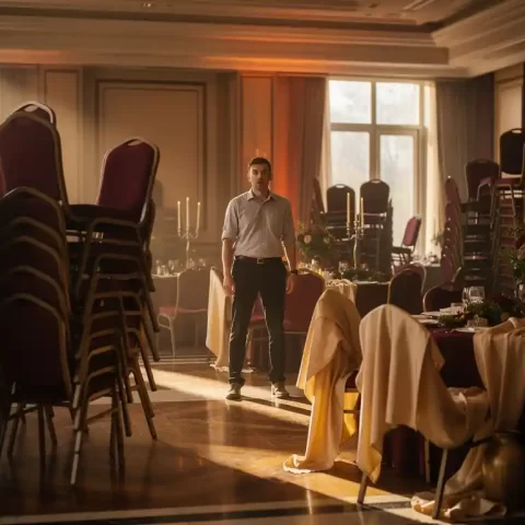 Overweldigde zaalmanager tussen stapels stoelen, ongeordende tafelkleden en halfopgemaakte centerpieces in een elegante feestzaal.