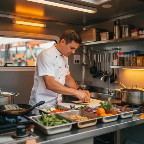 Cateraar bereidt maaltijden in compacte mobiele keuken op industriële werklocatie, met roestvrijstalen werkbladen en draagbare kookpitten.