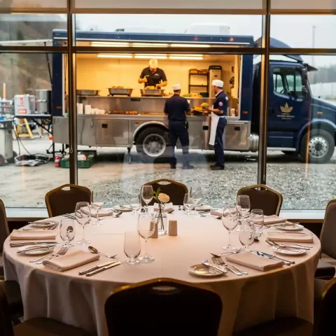 Elegante cateringtafel met wit linnen en zilverwerk in feestzaal, met zicht op mobiele keukentruk bij bouwplaats door industriële ramen.