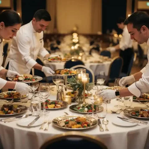 Cateringteam in witte handschoenen schikt zilveren bestek op linnen tafels in verlichte feestzaal met gouden kaarslicht.