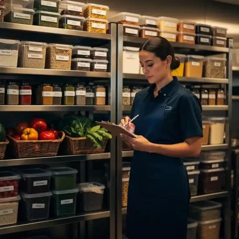 Cateringmanager controleert voorraadlijst op klembord naast roestvrijstalen keukenrekken met georganiseerde voedselvoorraden en verse producten.